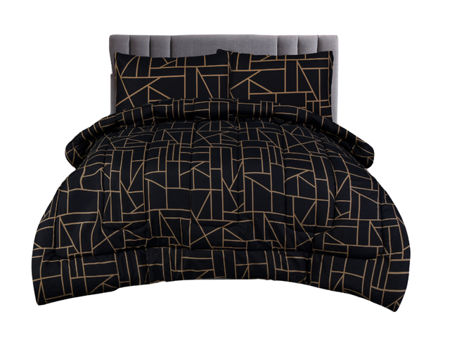 King Comforter Full Set w/ Fitted Sheet, 4 Pillow Covers & Comfofter - Geometric Black (6 Piece Set)