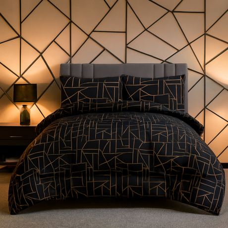 King Comforter Full Set w/ Fitted Sheet, 4 Pillow Covers & Comfofter - Geometric Black (6 Piece Set)