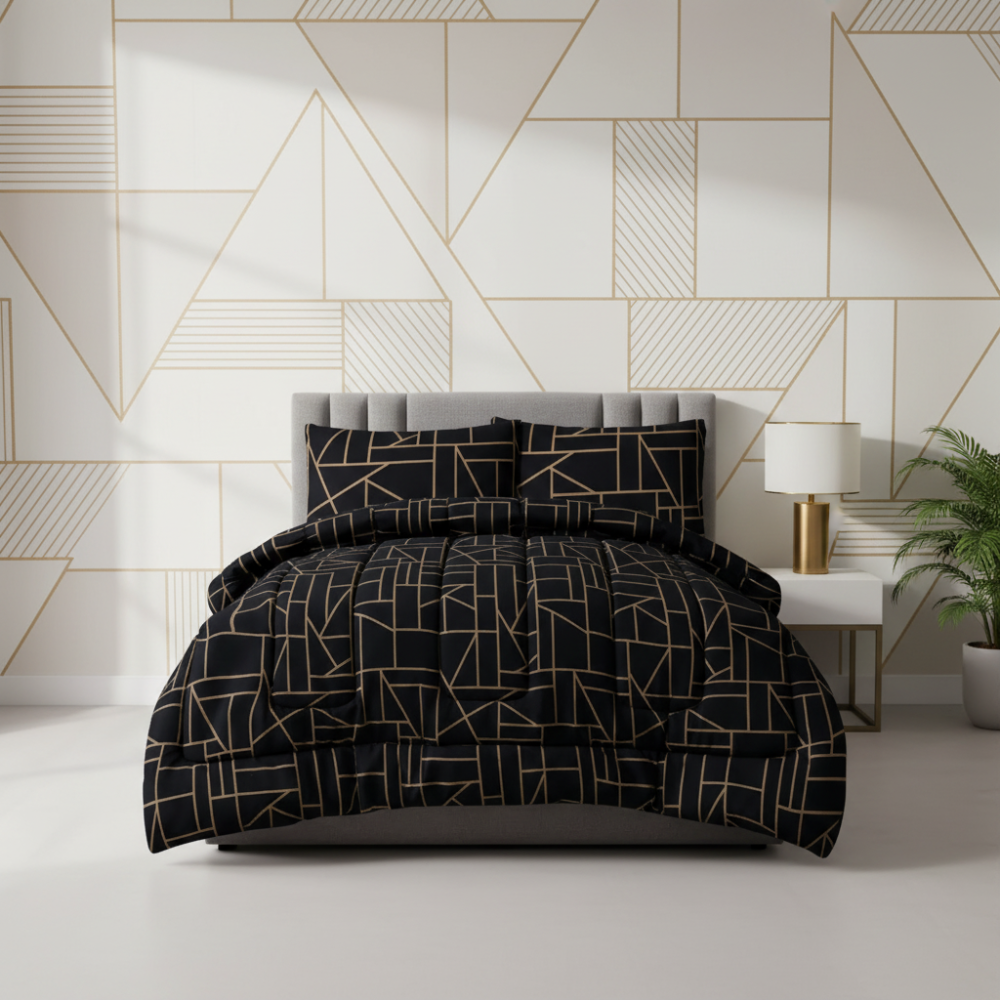 King Comforter Full Set w/ Fitted Sheet, 4 Pillow Covers & Comfofter - Geometric Black (6 Piece Set)