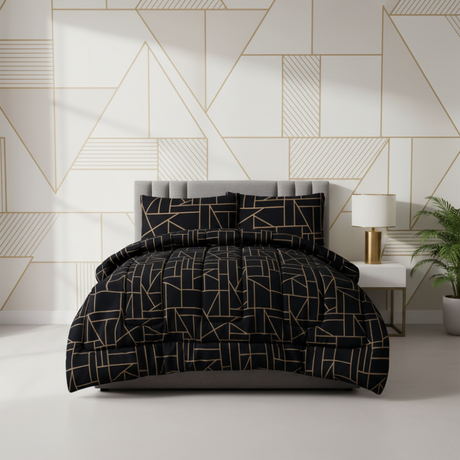 King Comforter Full Set w/ Fitted Sheet, 4 Pillow Covers & Comfofter - Geometric Black (6 Piece Set)
