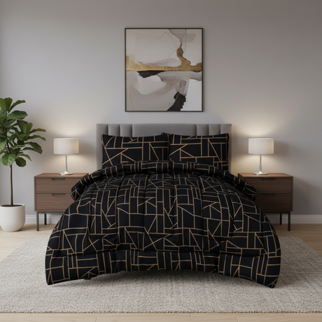 King Comforter Full Set w/ Fitted Sheet, 4 Pillow Covers & Comfofter - Geometric Black (6 Piece Set)