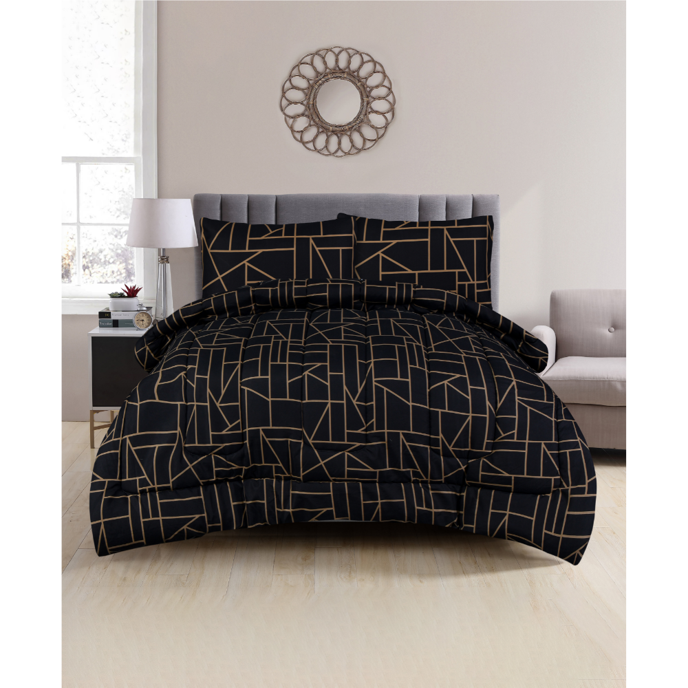 King Comforter Full Set w/ Fitted Sheet, 4 Pillow Covers & Comfofter - Geometric Black (6 Piece Set)