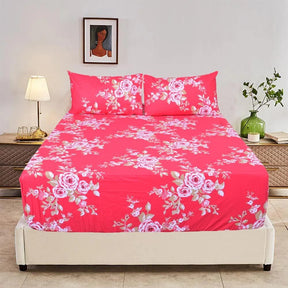 King Luxury 100% Cotton Fitted Bed Sheet & 2 Pillow Case Combo Set - Red Floral