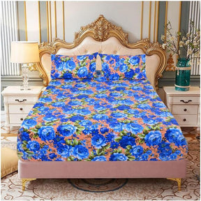 Queen Luxury 100% Cotton Fitted Bed Sheet & 2 Pillow Case Combo Set - Blue Floral