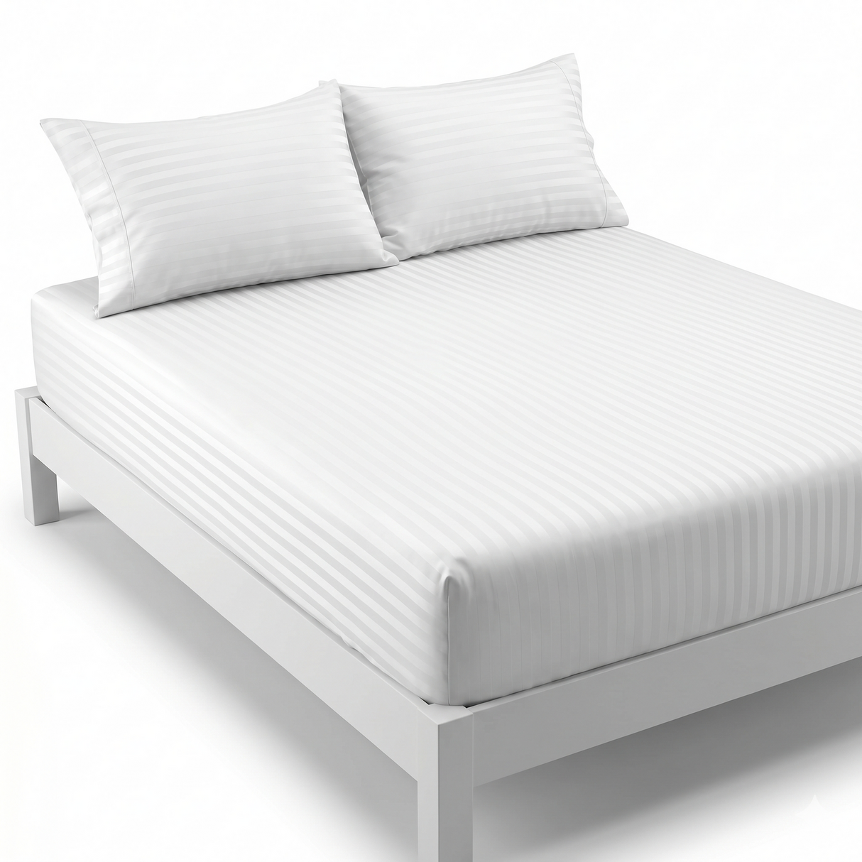 500TC Thread Count Queen 100% Cotton Fitted Bed Sheet & 2 Pillow Case Set in White Stripe
