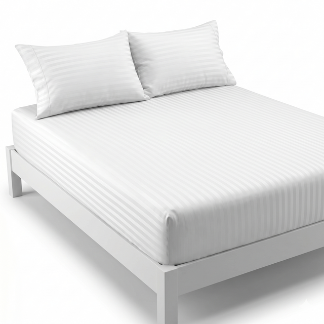 500TC Thread Count Queen 100% Cotton Fitted Bed Sheet & 2 Pillow Case Set in White Stripe