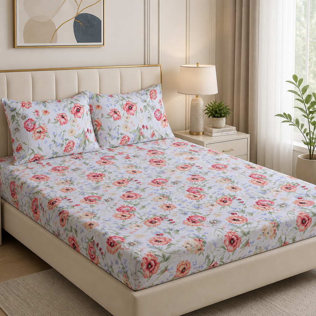Floral Reverie Pure Cotton Fitted Bed Sheet + Pillowcase Set