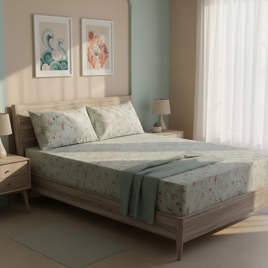 Ivy Bloom Pure Cotton Fitted Bed Sheet + Pillowcase Set