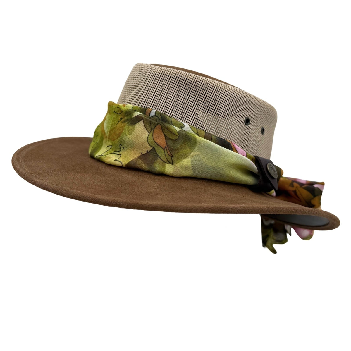 Jacaru 1022 Shady Lady Womens Suede Leather Breeze Hat - Mesh Crown & Chiffon Scarf (Made in Australia)