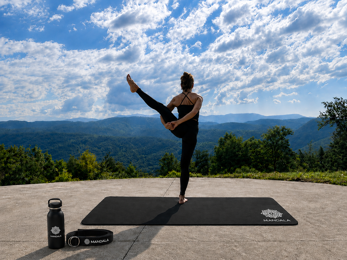Mandala Premium Yoga Mat Set - Black (5mm Vegan Suede Mat, Adjustable Strap & Stainless Steel Water Bottle)
