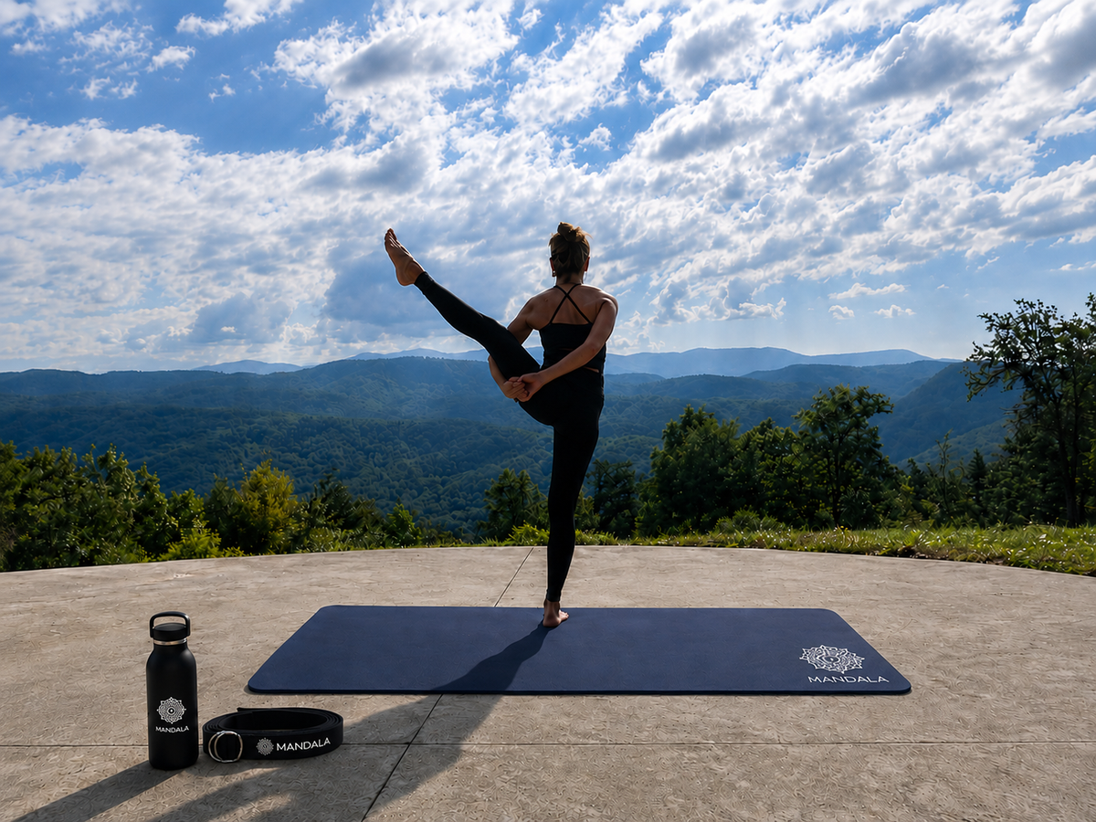 Mandala Premium Yoga Mat Set - Midnight Blue (5mm Vegan Suede Mat, Adjustable Strap & Stainless Steel Water Bottle)