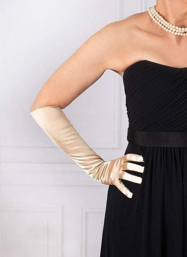 Dents Womens Long Above Elbow Satin Gloves  - Gold