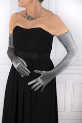 Dents Womens Long Opera Satin Gloves in Pewter