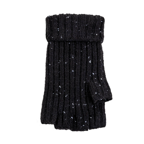 Dents Womens Ribbed Knit Wool Blend Fingerless Gloves w/ Mitten Flap - Black (Marl Yarn)
