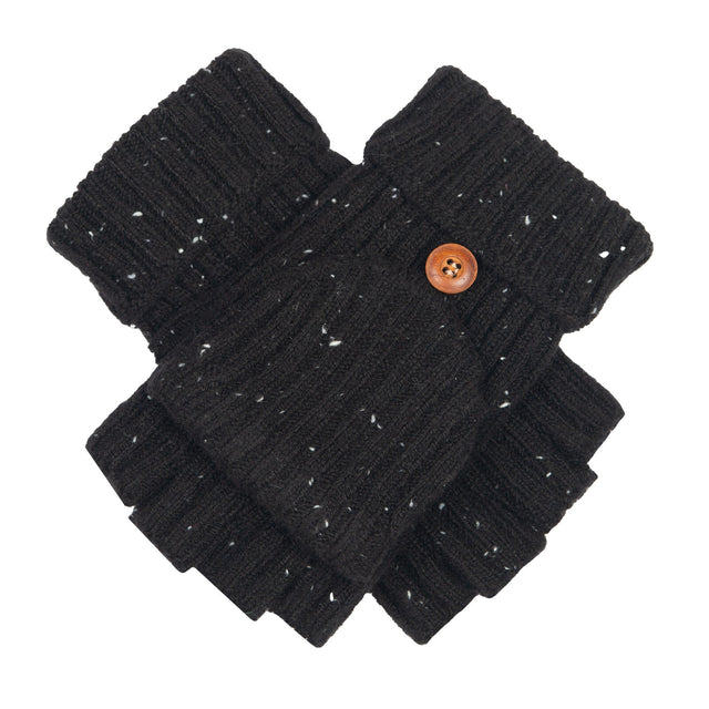 Dents Womens Ribbed Knit Wool Blend Fingerless Gloves w/ Mitten Flap - Black (Marl Yarn)