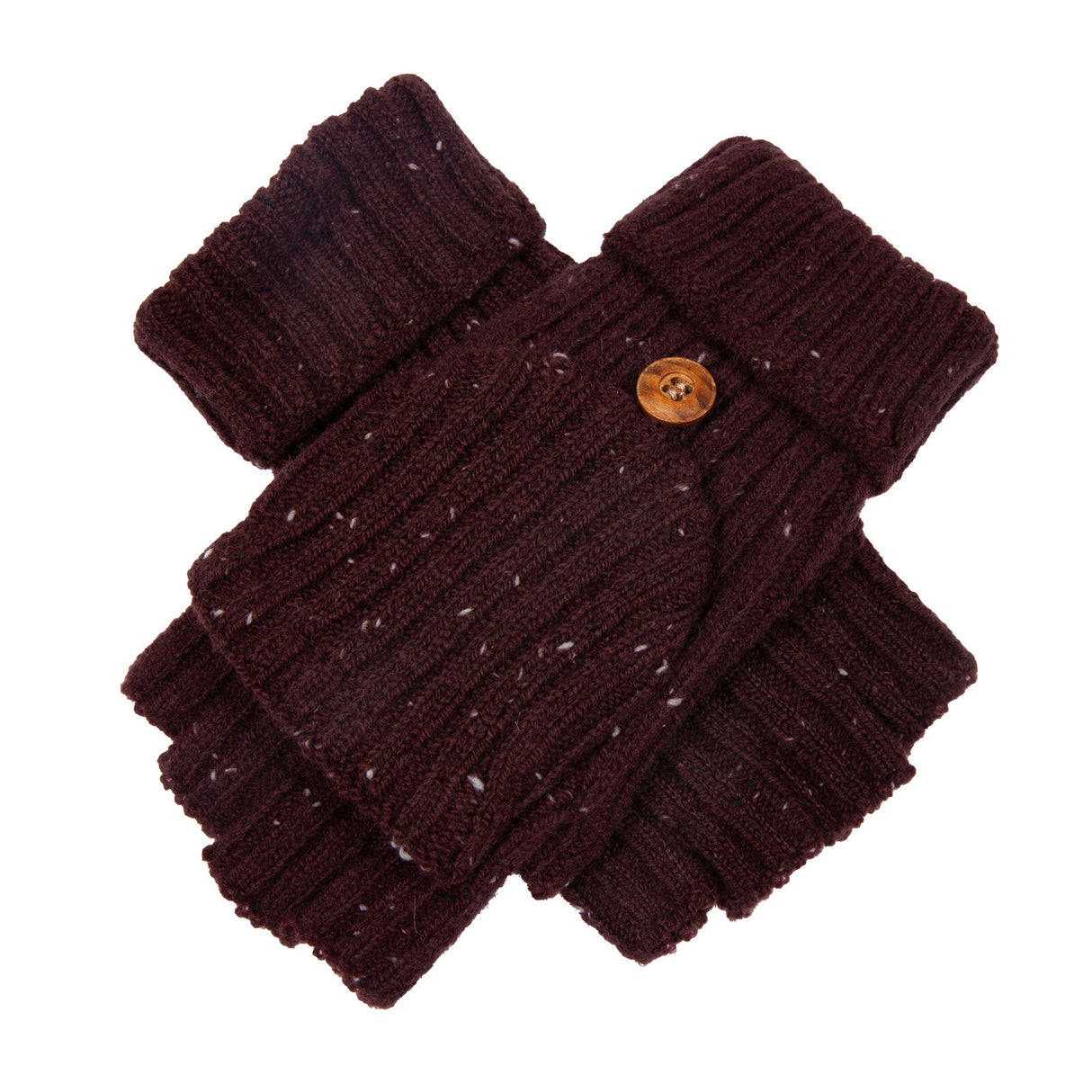 Dents Womens Ribbed Knit Wool Blend Fingerless Gloves w/ Mitten Flap - Burgundy (Marl Yarn)