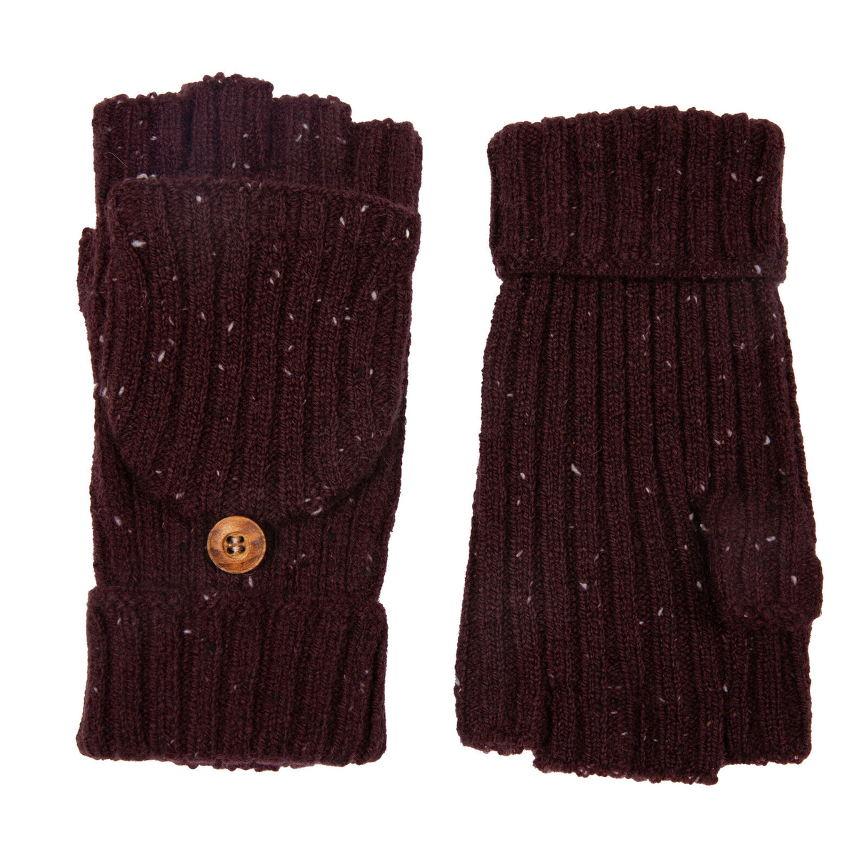 Dents Womens Ribbed Knit Wool Blend Fingerless Gloves w/ Mitten Flap - Burgundy (Marl Yarn)