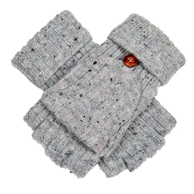 Dents Womens Ribbed Knit Wool Blend Fingerless Gloves w/ Mitten Flap - Dove Grey (Marl Yarn)
