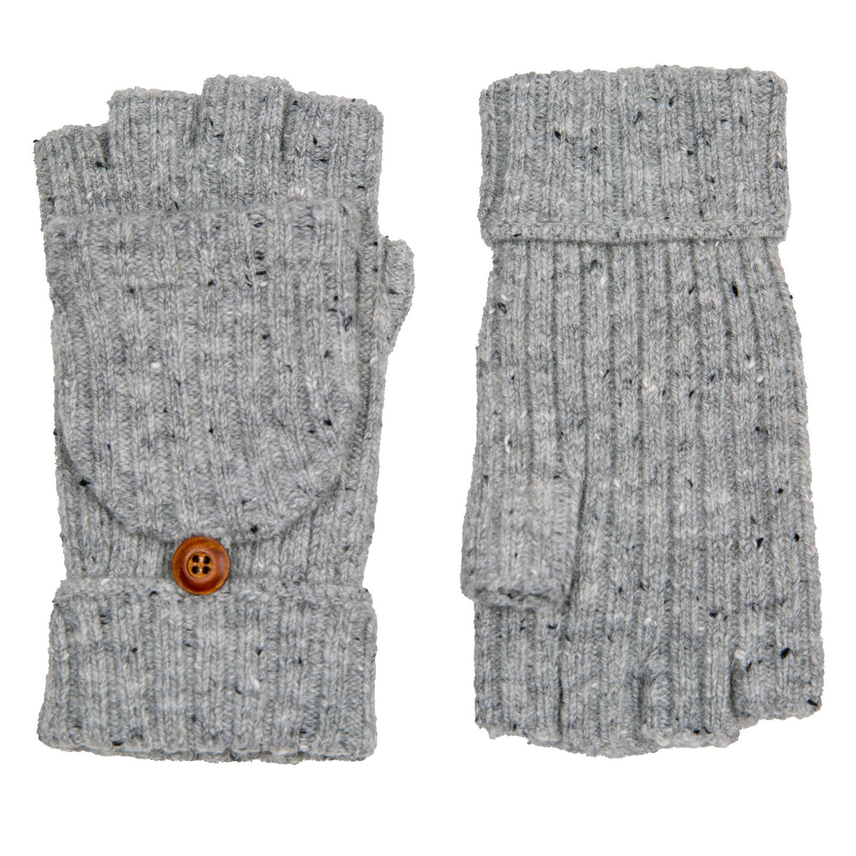 Dents Womens Ribbed Knit Wool Blend Fingerless Gloves w/ Mitten Flap - Dove Grey (Marl Yarn)