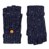 Dents Womens Ribbed Knit Wool Blend Fingerless Gloves w/ Mitten Flap - Navy Blue (Marl Yarn)