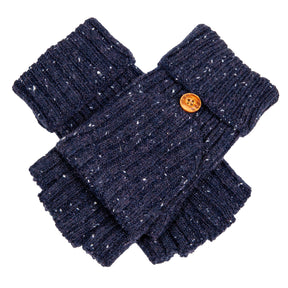 Dents Womens Ribbed Knit Wool Blend Fingerless Gloves w/ Mitten Flap - Navy Blue (Marl Yarn)