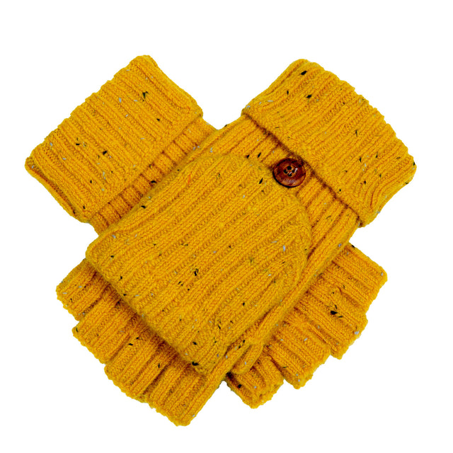 Dents Womens Ribbed Knit Wool Blend Fingerless Gloves w/ Mitten Flap - Ochre Yellow (Marl Yarn)