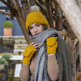 Dents Womens Ribbed Knit Wool Blend Fingerless Gloves w/ Mitten Flap - Ochre Yellow (Marl Yarn)