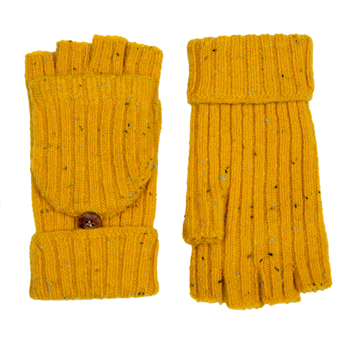 Dents Womens Ribbed Knit Wool Blend Fingerless Gloves w/ Mitten Flap - Ochre Yellow (Marl Yarn)