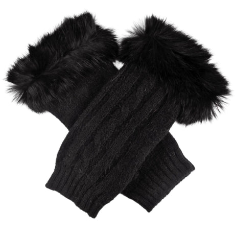 Dents Womens Wrist Warmers - Black (Angora Lambswool Cable Knit w/ Fur Cuff)