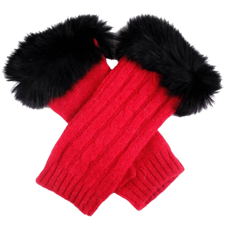 Dents Womens Wrist Warmers - Berry/Black (Angora Lambswool Cable Knit w/ Fur Cuff)
