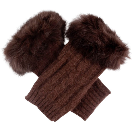 Dents Womens Wrist Warmers - Chocolate (Angora Lambswool Cable Knit w/ Fur Cuff)