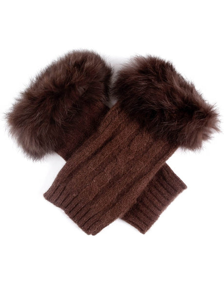 Dents Womens Lambswool Angora Cable Knit Wrist Arm Warmers With Fur Cuff - Charcoal