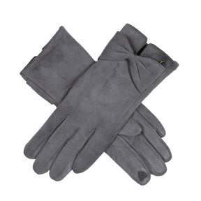 Dents Womens Touchscreen Faux Suede Gloves with Bow - Charcoal (Warm Winter)