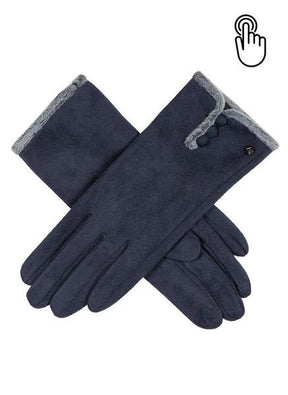 Dents Womens Soft Feel Touchscreen Gloves with Faux Fur & Button Trim - Navy