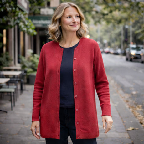 idyl Womens Cashmere Wool Button Cardigan - Red (Longline Sweater)
