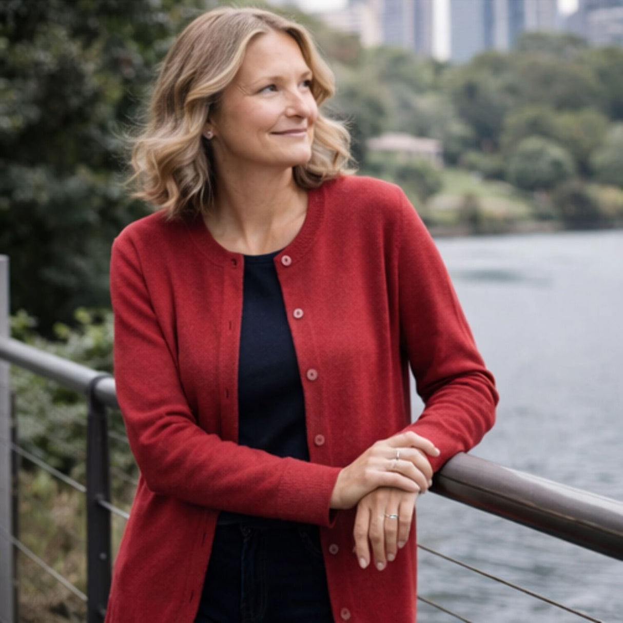 Luxury Cashmere Wool Longline Button Cardigan in Red
