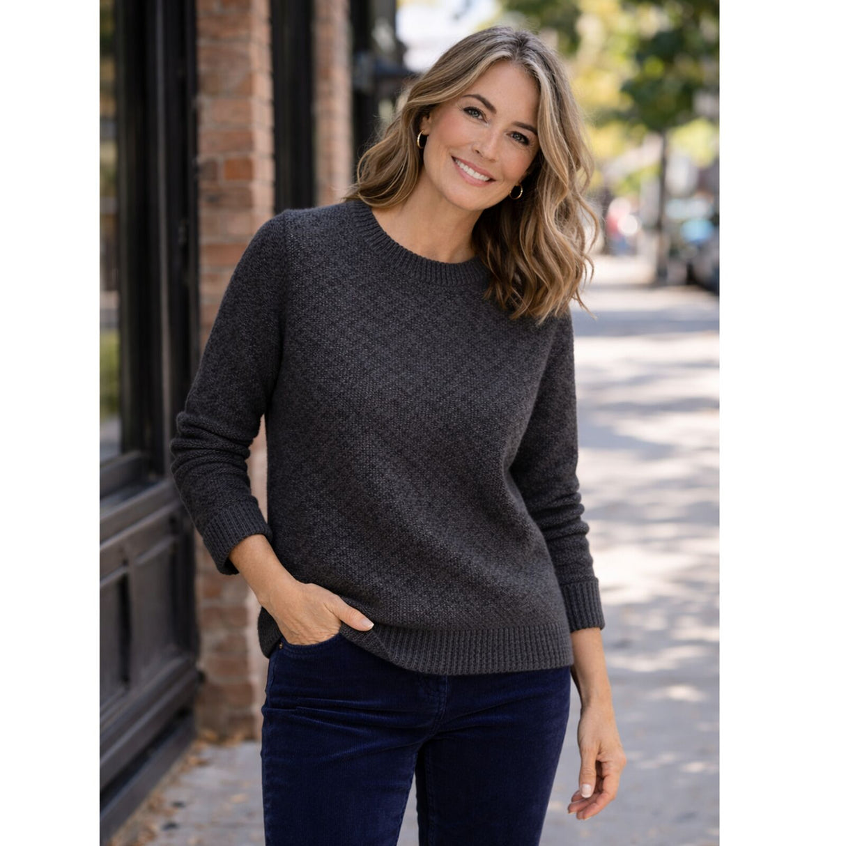 Luxury Cashmere Wool Horizontal Rib Knit Pullover Jumper in Charcoal