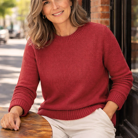 idyl Womens Cashmere Wool Horizontal Rib Jumper - Red (Textured Knit Pullover Sweater)