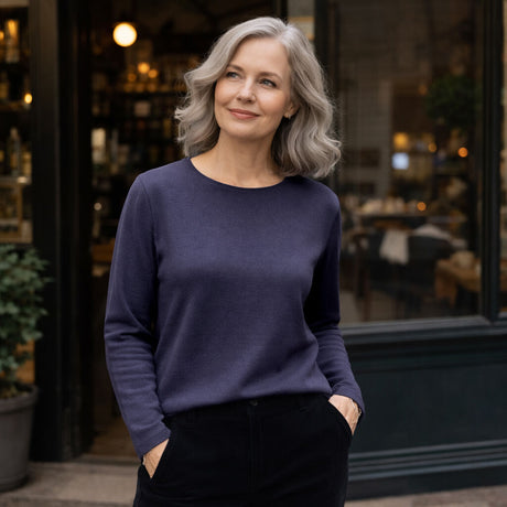 idyl Womens Cashmere Wool Pullover Jumper - Navy Blue (Fine Knit Sweater)