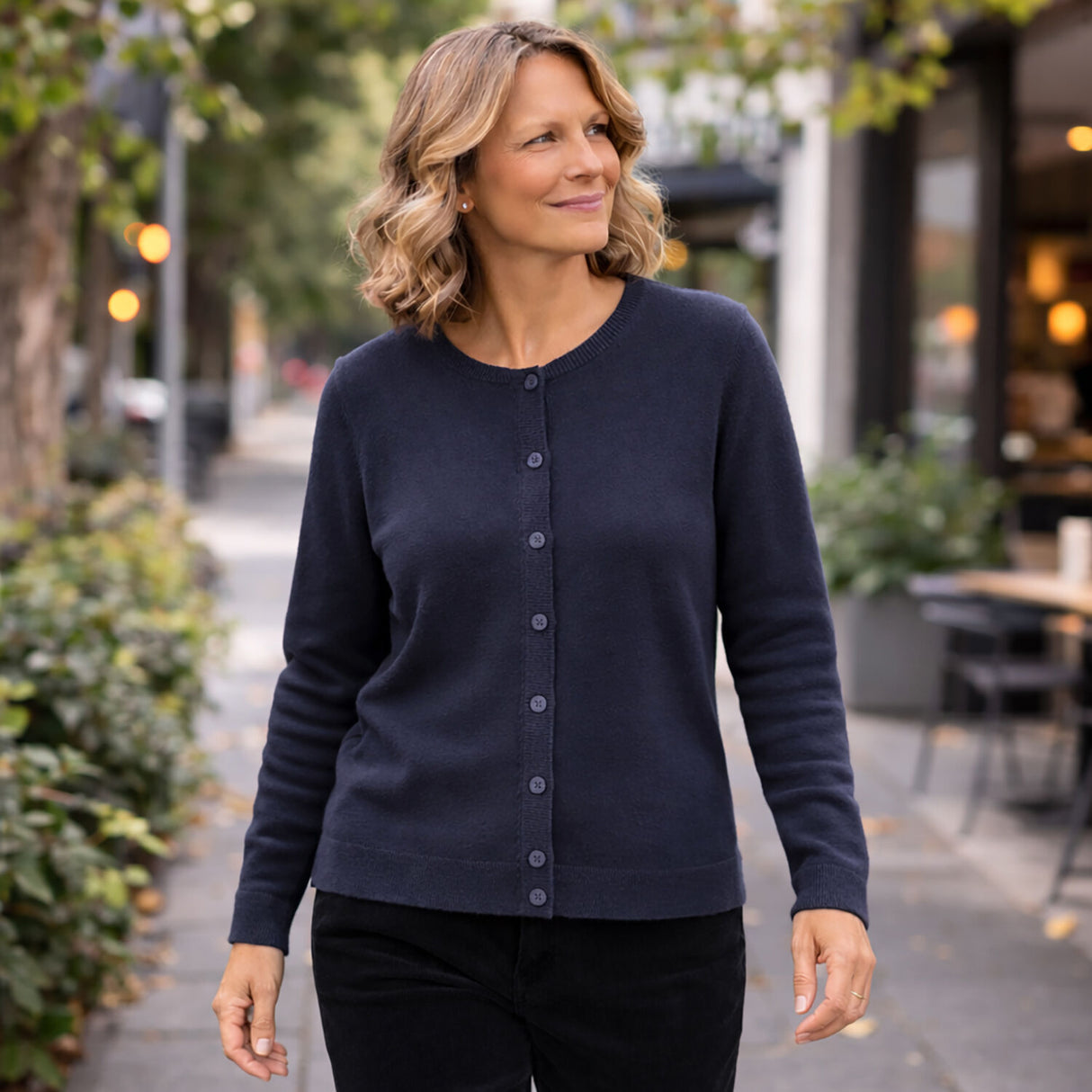 idyl Womens Cashmere Wool Fine Knit Button Cardigan - Navy Blue (Regular Length Sweater)