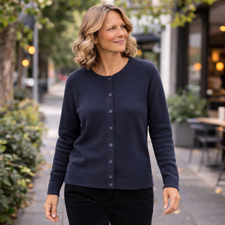 idyl Womens Cashmere Wool Fine Knit Button Cardigan - Navy Blue (Regular Length Sweater)