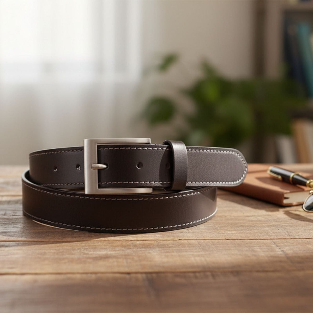 Jacaru 6015 Mens Stitched Leather Belt 35mm - Brown (White Contrast Stitching & Gift Tin)