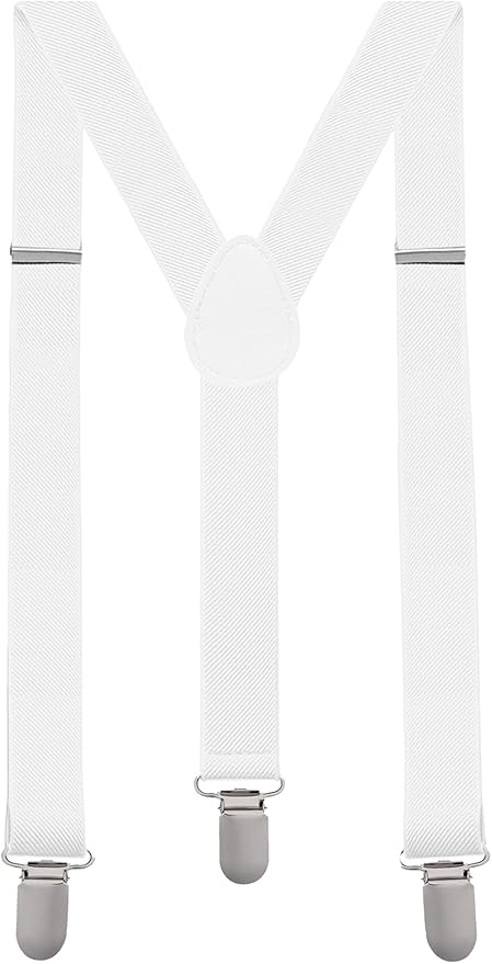 Mens Suspenders Braces Adjustable Strong Clip On Elastic Formal Wedding Slim - White
