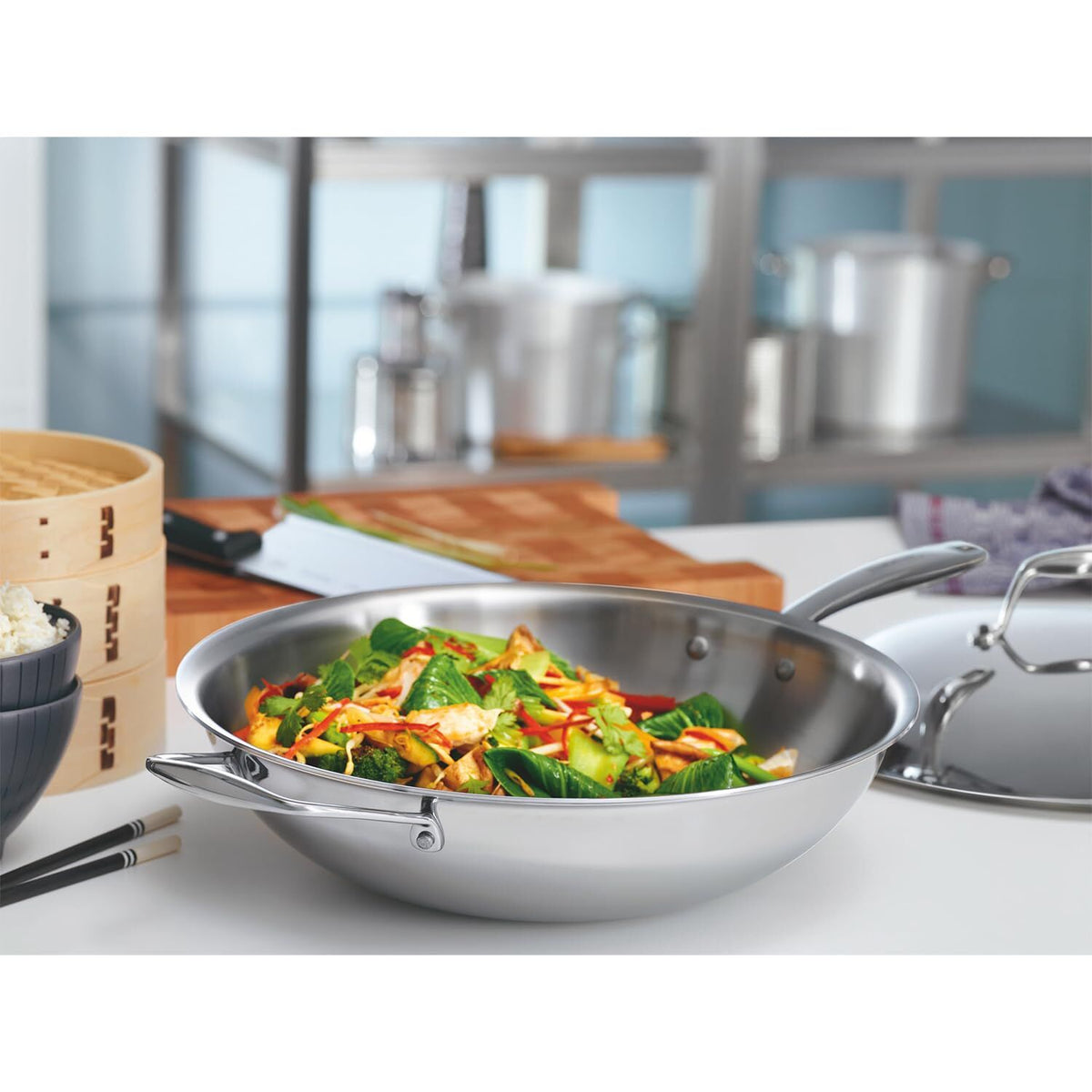 Tramontina 5.2L Grano Tri-Ply Stainless Steel Wok with Lid 32cm in Silver