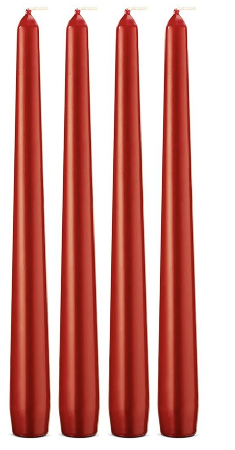 4x Metallic Red Tapered Dinner Candles 25cm - Unscented (Tall Wedding Table Candles)
