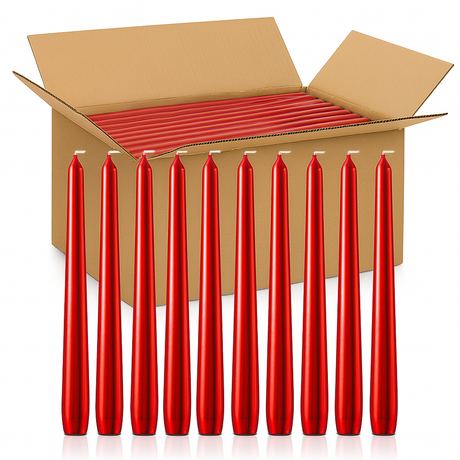 144x Tapered Dinner Candles Unscented Taper Wedding Candle 25cm in Metallic Red