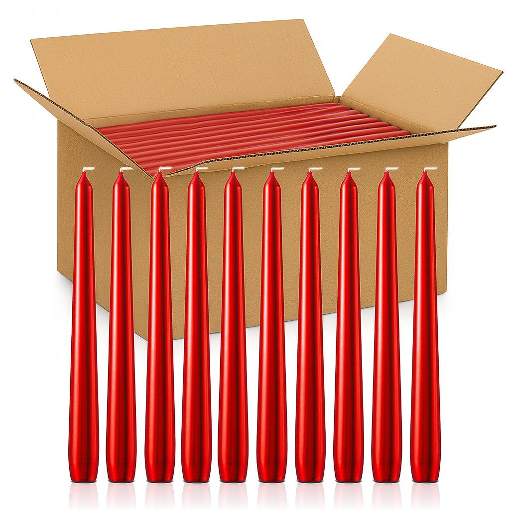144x Metallic Red Tapered Dinner Candles 25cm Bulk Pack - Unscented (Tall Wedding Table Candles)