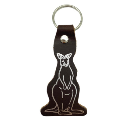 Jacaru 6408 Kangaroo Shape Printed Leather Keyring - Brown (Made in Australia) - Brown