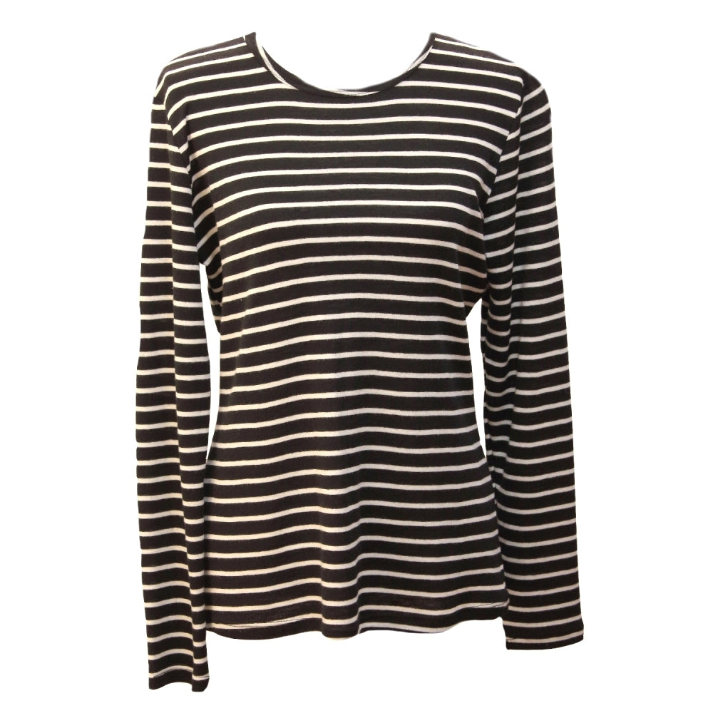 Womens Long Sleeve 100% Pure Wool Stripe Knit Top Warm Winter Thermal Base Layer - Cream/Black