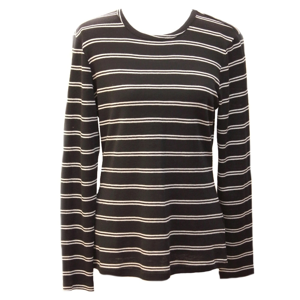 Womens Long Sleeve 100% Pure Wool Stripe Knit Top Warm Winter Thermal Base Layer